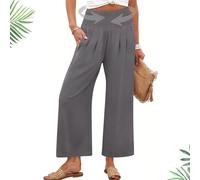 Generico Pantaloni da Donna a Palazzo con Vita Alta,Gamba Larga Estivi inLino Fluidi da Spiaggia Yoga Taglie Forti Boho(Gray,S)
