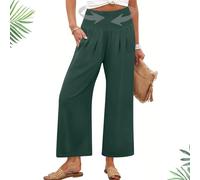 Generico Pantaloni da Donna a Palazzo con Vita Alta,Gamba Larga Estivi inLino Fluidi da Spiaggia Yoga Taglie Forti Boho(Green 2,L)