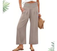 Generico Pantaloni da Donna a Palazzo con Vita Alta,Gamba Larga Estivi inLino Fluidi da Spiaggia Yoga Taglie Forti Boho(Bronze,XXL)