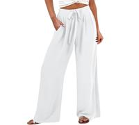 Generico Pantaloni Donna Estivi Eleganti Pantalone Elastico a Vita Alta Larghi Pantaloni con Tasche Coulisse Comodi Pantalone e Gamba Larga Leggeri Pants Palazzo Tinta Unita Casual
