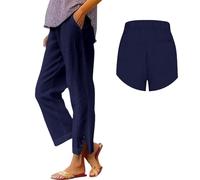 Generico Pantaloni Donna Estivi Leggeri Comodi Larghi Pantaloni Lino Cotone Eleganti Curvy Vita Alta Pantalone Casual Elastico in Vita con Tasche Taglie Forti Pantalone 7/8 per Le Vacanze Spiaggia
