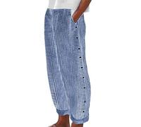 Generico Pantaloni Donna Estivi Righe Verticali Pantalone a Gamba Larga Vita Alta Elastica Leggeri Elegante Pantaloni Palazzo con Tasche Casual Tuta Pantaloni Larghi da Spiaggia Vacanze (Blue, M)