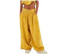 Generico Pantaloni Donna Estivi Vita Alta Leggeri Pantalone Elastico Comodi Spiaggia Elasticizzati Traspiranti Morbidi,Palazzo Larghi Curvy Baggy Casual per Il Tempo Libero Giallo