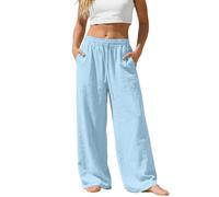 Generico Pantaloni Estivi da Donna a Gamba Larga in Cotone e Lino, Leggeri e Traspiranti, con Tre Tasche, Elastico in Vita con Coulisse, Pantaloni da Yoga, Pantaloni Casual per Le Vacanze al Mare.