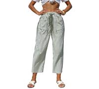 Generico Pantaloni in Lino a Righe per Donna, Stile Barrel con Cordino in Vita, Capri con Tasche, Comodi per L'Estate, la Spiaggia e Le Vacanze