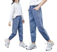 Generico Pantaloni Lunghi Jeans a Vita Alta da Ragazza,Jeans Outdoor con Fondo Zampa Elasticizzati Tasche Bambina in Lino Elastico per la Spiaggia Viaggi Vacanze Abiti