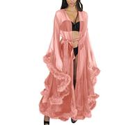 Generico Pantaloni Termici Accappatoio da Donna Sexy in Tulle con Vestaglia Lunga da Notte Accappatoio da Notte con Piume Accappatoio da Sposa in Pizzo Sexy Femminile