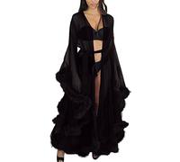 Generico Pantaloni Termici Accappatoio da Donna Sexy in Tulle con Vestaglia Lunga da Notte con Piume - Accappatoio da Sposa in Pizzo Sexy Femminile