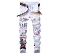 Generico Pantaloni Uomo Jeans Slim Fit Denim Elasticizzato con Stile Strappato Ink Spray Tascabili Casual Streetwear Moderni Comodi (White, 30)