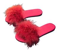 Generico Pantofole Basse Da Donna Punta Aperta Eleganti Raso Sandali Da Interno Morbide E Pelose Con Piume Scarpe per Casa Antiscivolo Suola(40/41 EU, Red)