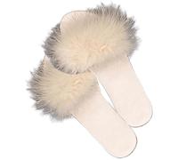 Generico Pantofole Basse Da Donna Punta Aperta Eleganti Raso Sandali Da Interno Morbide E Pelose Con Piume Scarpe per Casa Antiscivolo Suola(36/37 EU, White)