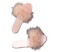 Generico Pantofole Basse Da Donna Punta Aperta Eleganti Raso Sandali Da Interno Morbide E Pelose Con Piume Scarpe per Casa Antiscivolo Suola(40/41 EU, Pink)