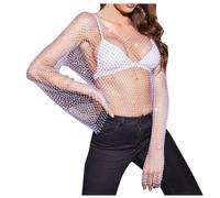 Generico Pareo Donna Mare, Maglietta con Maniche Lunghe in Rete da Pesca con Catena in Maglia E Cristalli con Copertura in Strass