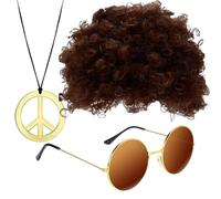 Generico Parrucca hippie e occhiali da sole, occhiali da sole e colletto hippie - kit di costumi hip hop a 3 a meno, occhiali da sole da sole dorati, accassori da discoteca per gli uomini di cosa
