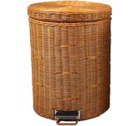 Generico Pattumiera a pedale in vimini intrecciato a mano | Con coperchio in acciaio inox, for bagno, soggiorno, cucina, piccolo cestino rotondo intrecciato a mano(Yellow,12L)