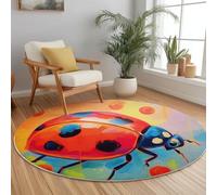 Generico Pelo Corto Tappeto Rotondo 100 cm Lavabile in Lavatrice, Fumetto Pittura A Olio Coccinella Pois Stampa Tappetino Rotondo Per Bambini Cameretta Cucina Casa Zona Balcone Tavolino - Rosso Blu