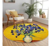 Generico Pelo Corto Tappeto Rotondo Vintage Pittura A Olio Vaso Fiori Tema, 120 cm Antiscivolo Lavabile Tappetino Rotondo Per Bambini Cameretta Cucina Casa Zona Balcone Tavolino - Giallo Blu