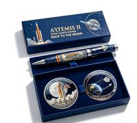 Generico Penna commemorativa della missione Artemis II Ritorno sulla Luna con moneta, penna a sfera a tema astronauta e razzo per appassionati di spazio, uomo, decorazione per scrivanias (03#)