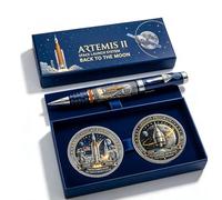 Generico Penna commemorativa della missione Artemis II Ritorno sulla Luna con moneta, penna a sfera a tema astronauta e razzo per appassionati di spazio, uomo, decorazione per scrivanias (02#)