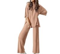 Generico Periodicali Casual 2-Piece Loose-Fit Short Sleeve Top & Wide-Leg Pants Set with Pockets, Crew Neck for Daily Use (Skin,XXL)