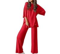 Generico Periodicali Casual 2-Piece Loose-Fit Short Sleeve Top & Wide-Leg Pants Set with Pockets, Crew Neck for Daily Use (Red 2,XL)