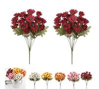 Generico Perkyn Artificial Mums, Circulatik Artificial Flowers-Uv Resistant, No Fade, Waterproof Realistic Flower Daisy with Eucalyptus Leaves for Outdoors Fall DIY Decor (scarlet,2 bundles)