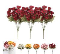 Generico Perkyn Artificial Mums, Circulatik Artificial Flowers-Uv Resistant, No Fade, Waterproof Realistic Flower Daisy with Eucalyptus Leaves for Outdoors Fall DIY Decor (scarlet,3 bundles)