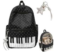 Generico Piano Backpack for Women,Polka Dot Nylon Music Daypack with Pendant,Large Capacity Novelty School Backpack for Campus,Work ，Black