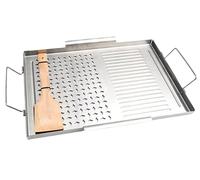 Generico Piastra per griglia, piano cottura, piastra per barbecue, 43 x 29,2 x 2 cm, in acciaio inox, design a due maniglie, esterno resistente al calore, per cucina interna ed esterni, barbecue