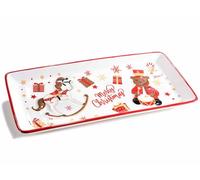 Generico Piatto Natalizio Rettangolare con Orsetto Tamburino e Cavallo a Dondolo - Vassoio in Ceramica Decorato Merry Christmas - Servizio Dolci o Centrotavola Natalizio cm 29,5 x 14 H