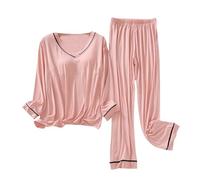 Generico Pigiama a Maniche Lunghe da Donna a Righe Set a Righe Top con Scollo a V Aperto e Pantaloni Pigiami Due Pezzi da Casa Indumenti Morbido Comodo con Tasche per la Casa e il Sonno