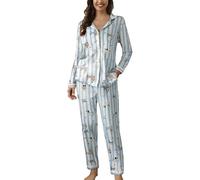 Generico Pigiama a Maniche Lunghe da Donna a Righe Set a Righe Top con Scollo a V Aperto e Pantaloni Abbigliamento da Casa Indumenti da Notte Lounge Sleepwear con Due Tasche per La Ospedale