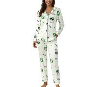 Generico Pigiama a Maniche Lunghe da Donna a Righe Set a Righe Top con Scollo a V Aperto e Pantaloni Abbigliamento da Casa Indumenti da Notte Lounge Sleepwear con Due Tasche per La Ospedale