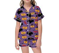Generico Pigiama Bambina Estivo, Pigiami Ragazza Corto in Cotone Elasticizzato con Maglietta a Maniche Corte e Pantaloncini Pigiama,Halloween Decorazioni Comfort