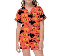 Generico Pigiama Bambina Estivo, Pigiami Ragazza Corto in Cotone Elasticizzato con Maglietta a Maniche Corte e Pantaloncini Pigiama,Halloween Decorazioni Comfort