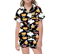 Generico Pigiama Bambina Estivo, Pigiami Ragazza Corto in Cotone Elasticizzato con Maglietta a Maniche Corte e Pantaloncini Pigiama,Halloween Decorazioni Comfort