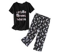 Generico Pigiama Casual da Donna in Cotone Camicie a Maniche Corte con Pantaloni Capri Indumenti da Notte Estivi