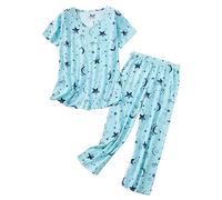 Generico Pigiama Casual da Donna in Cotone Camicie a Maniche Corte con Pantaloni Capri Indumenti da Notte Estivi