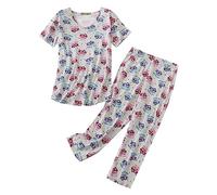 Generico Pigiama Casual da Donna in Cotone Camicie a Maniche Corte con Pantaloni Capri Indumenti da Notte Estivi