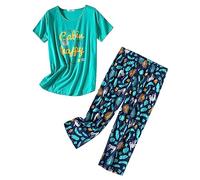 Generico Pigiama Casual da Donna in Cotone Camicie a Maniche Corte con Pantaloni Capri Indumenti da Notte Estivi