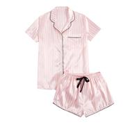 Generico Pigiama Corto Donna Completo Maglia Pantalone Comodo Set Raso Solid Color Accessorio Coordinato 2025 Due Pezzi Ideale per Primavera Mezze Stagioni