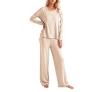 Genérico Pigiama da donna a maniche lunghe Set di pigiama larghi con pantaloni comodi per la casa abbigliamento da sera set di 2 pezzi con tasche vestiti di riposo, beige, M