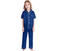 Generico Pigiama di seta per bambina da bambino, set a maniche corte, camicia abbottonata, top, pantaloni, pigiama da notte in due pezzi per bambini pigiama cardigan tinta unita