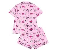 Generico Pigiama Donna 2 Pezzi Maniche Corte, Camicia con Bottoni e Shorts, Stampa Fantasma e Fiocco, Biancheria da Notte Halloween, Leggero Comodo per la Notte