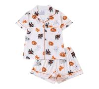 Generico Pigiama Donna 2 Pezzi Maniche Corte, Camicia con Bottoni e Shorts, Stampa Fantasma e Fiocco, Biancheria da Notte Halloween, Leggero Comodo per la Notte