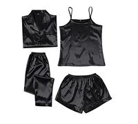 Generico Pigiama Donna 4 Pezzi Seta Rasata Set Completo con Top, Maglietta Maniche Corte, Pantaloni Baggy e Shorty Sexy per Estate | Elegante per Casa