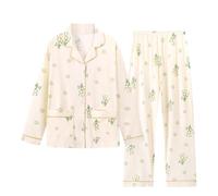 Generico Pigiama Donna Aperto Davanti Pigiama Cotone Set di Due Pezzi di A Maniche Lunghe in Cotone Imitazione Casual Taglie Forti per La Casa Floreale Pigiami Donna Estivi Corti Dark Blue XXXL