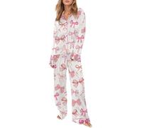 Generico Pigiama Donna Caldo Cotone Tute Estive Donna Women S Winter Spring Home Leisure Bow Love Loose Imitation Color DING Pajama Sleepy Pants Set del Pigiama Estivo Sexy Pink XL