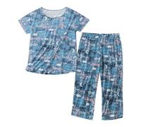 Generico Pigiama Donna Comodo, Pigiama Donna Set Comodo Cotone Top Manica Corta con Pantaloni Capri per Dormire Loungewear Casual Elegante (Dark Blue, S)