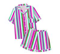 Generico Pigiama Donna Corto - Pigiama Donna Estivo Manica Corta Scollo A V con Bottoni Camicia con Tasca Pantaloncini Stampa A Righe Leggero Confortevole Casual Pigiami Due Pezzi